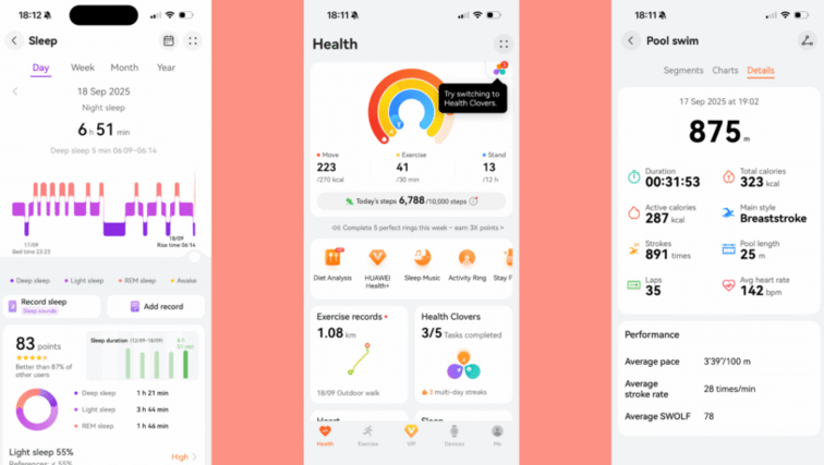 ฟีเจอร์ติดตามขั้นสูงแสดงผลบนสมาร์ทโฟน แสดงข้อมูลสุขภาพ กิจกรรม และสถิติการออกกำลังกายแบบเรียลไทม์