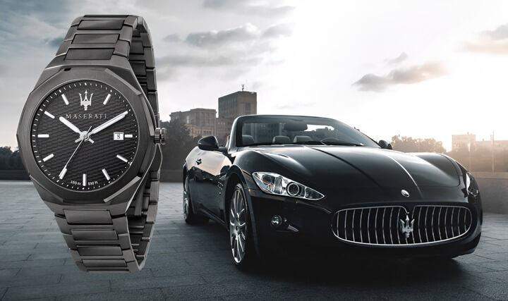 รถหรูสีดำและนาฬิกา&nbsp;Maserati สีดำ พร้อมวิลล่าอิตาเลียนหรูหราเป็นพื้นหลัง