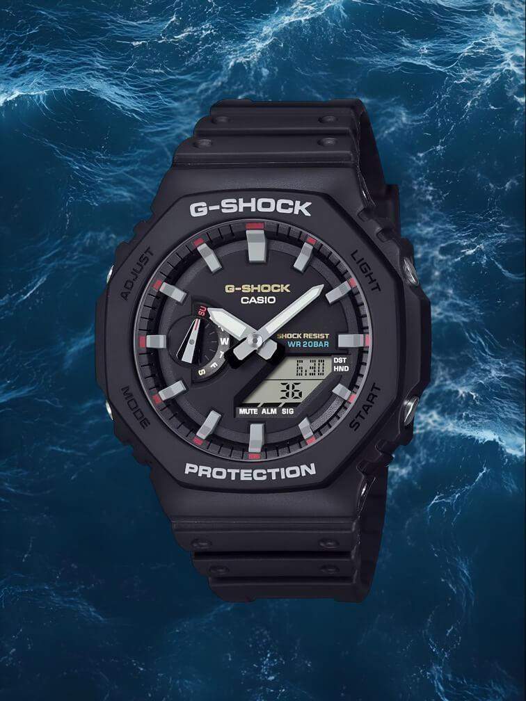 G-Shock รุ่นใหม่ล่าสุด สีดำที่มีเข็มสีเงิน ผสมผสานการออกแบบที่มีสไตล์กับความทนทานสูงและความแม่นยำเพื่อประสิทธิภาพสูงสุด