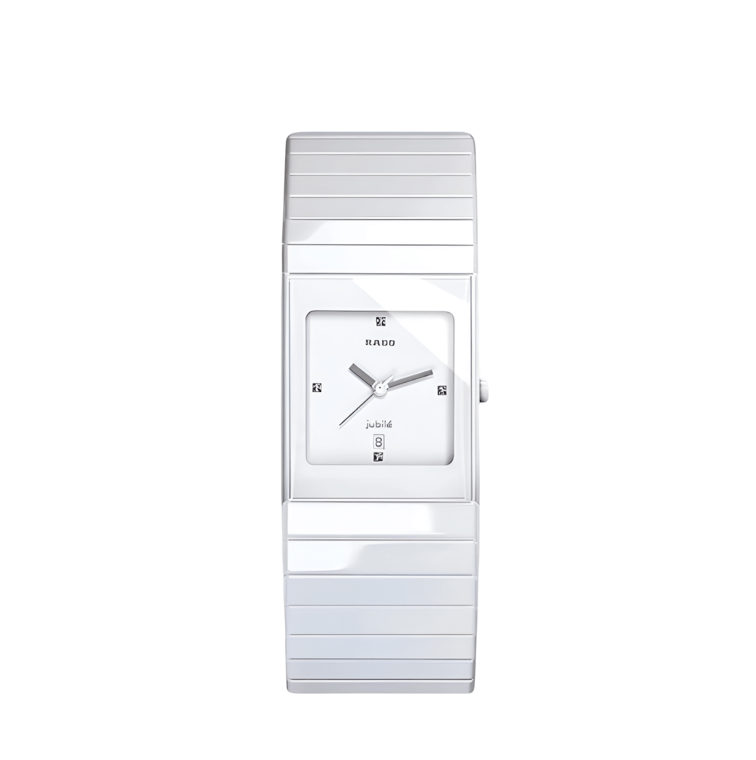 R21711702 สีขาวทั้งหมด พร้อมตัวเรือนเซรามิกไฮเทคและหลักชั่วโมงประดับเพชร ดีไซน์เรียบหรู