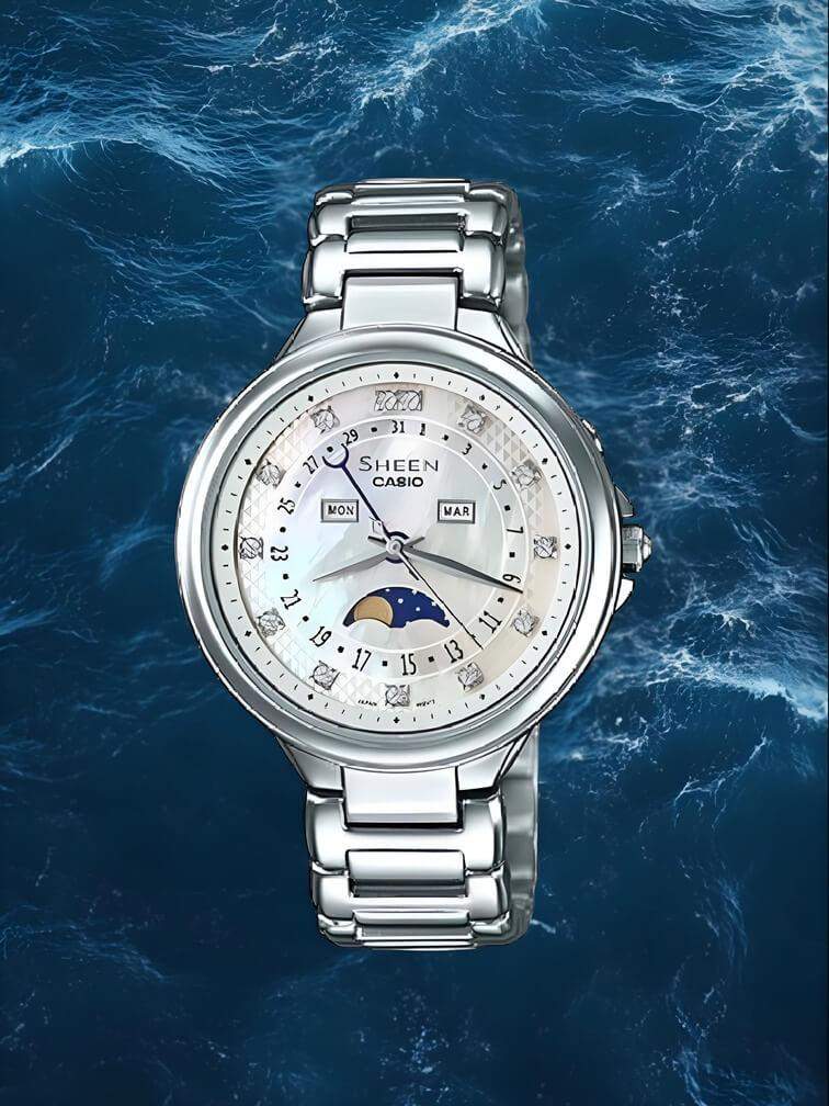 นาฬิกาสีเงินทั้งตัวพร้อมฟังก์ชันการแสดงดวงจันทร์ (Moon Phase